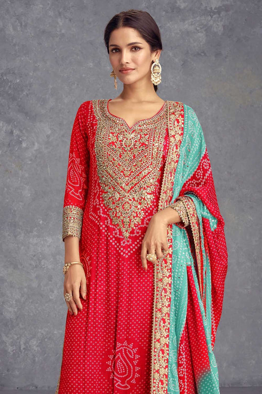 Red Color Printed Classic Chinon Palazzo Suit