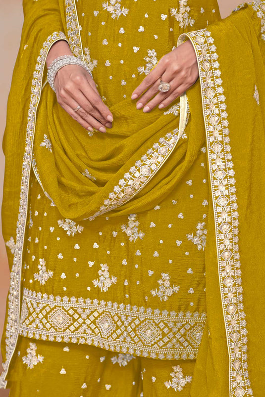 Tempting Chinon Mustard Color Festive Style Palazzo Suit