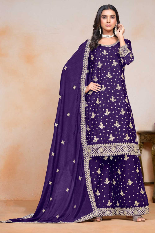 Engaging Purple Color Chinon Festive Style Palazzo Suit