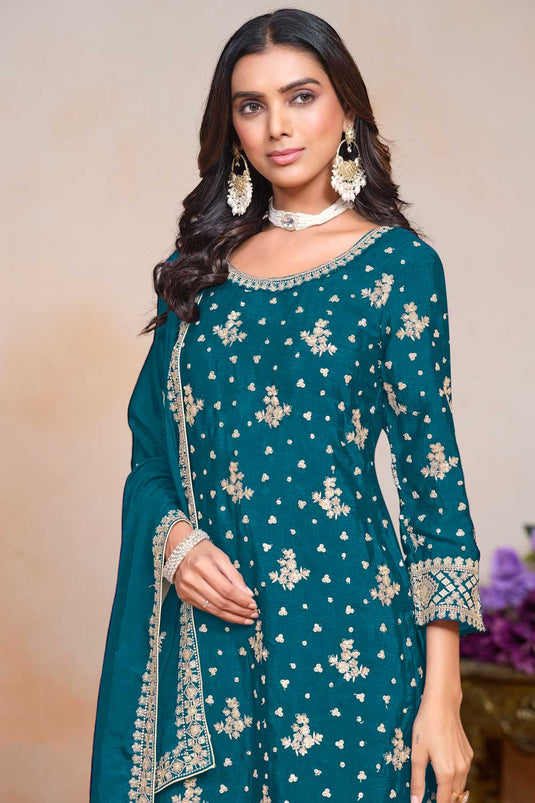 Classic Teal Color Festive Style Palazzo Suit In Chinon