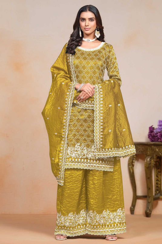 Elegant Golden Color Fancy Gold Crush Fabric Palazzo Suit