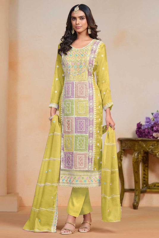 Yellow Color Glittering Organza Fabric Salwar Suit