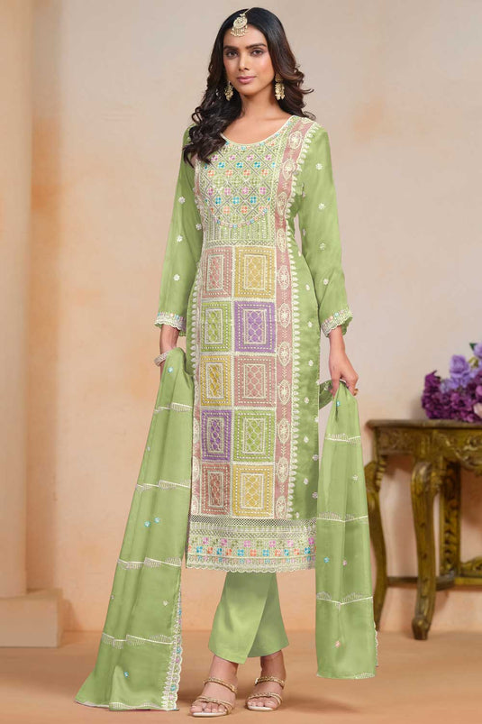 Dazzling Organza Fabric Green Color Salwar Suit