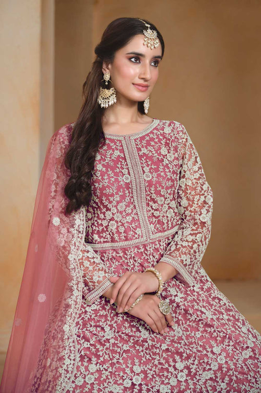 Incredible Net Fabric Pink Color Function Style Anarkali Suit