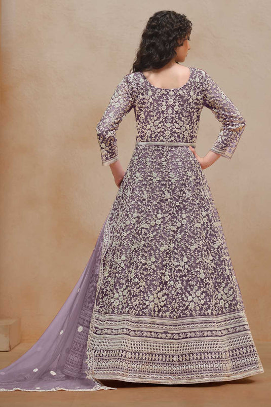 Tempting Net Fabric Lavender Color Function Style Anarkali Suit