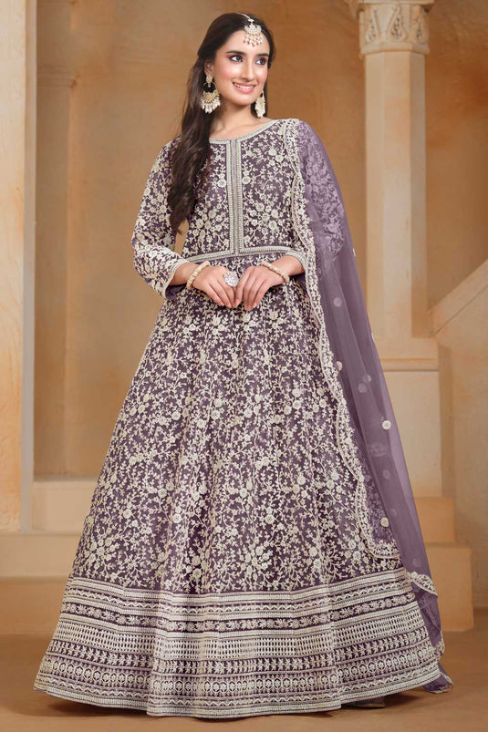 Tempting Net Fabric Lavender Color Function Style Anarkali Suit