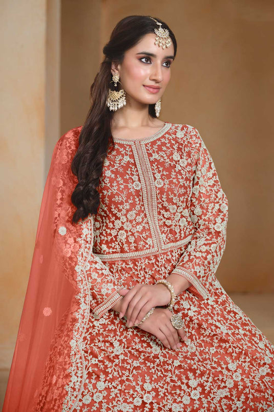 Classic Orange Color Function Style Anarkali Suit In Net Fabric