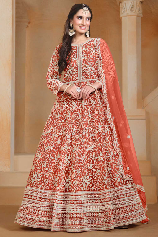 Classic Orange Color Function Style Anarkali Suit In Net Fabric