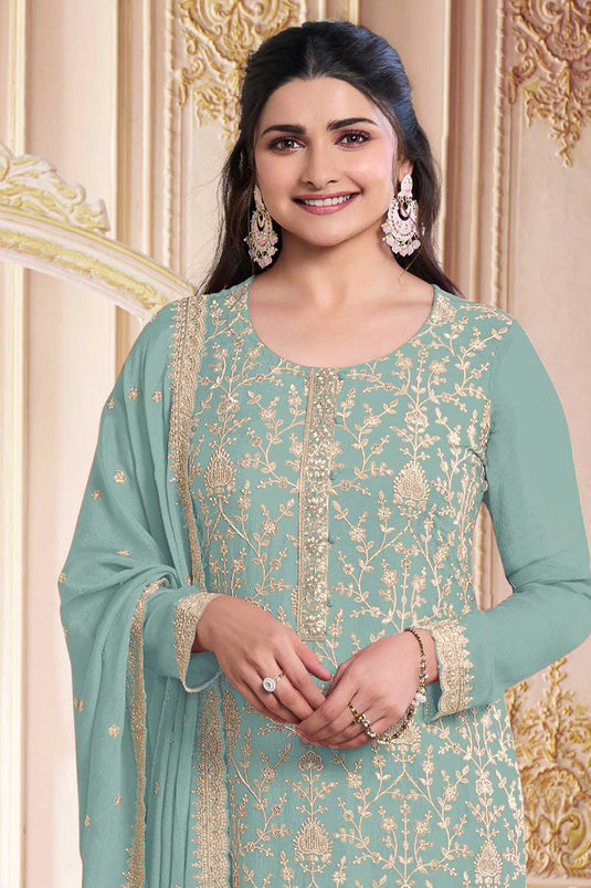 Prachi Desai Fascinating Cyan Color Georgette Salwar Suit