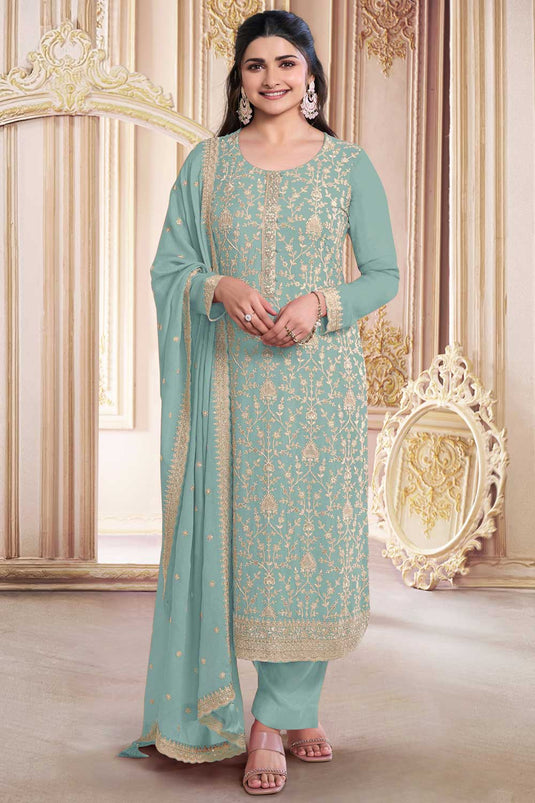 Prachi Desai Fascinating Cyan Color Georgette Salwar Suit