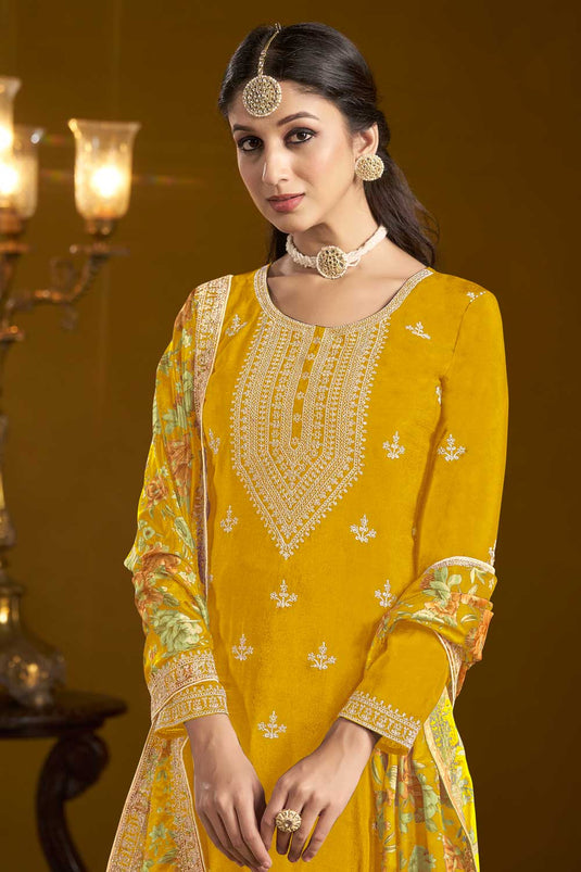 Tempting Chinon Fabric Yellow Function Wear Sharara Suit