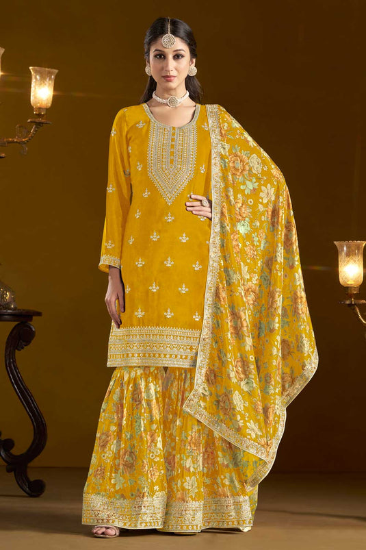 Tempting Chinon Fabric Yellow Function Wear Sharara Suit