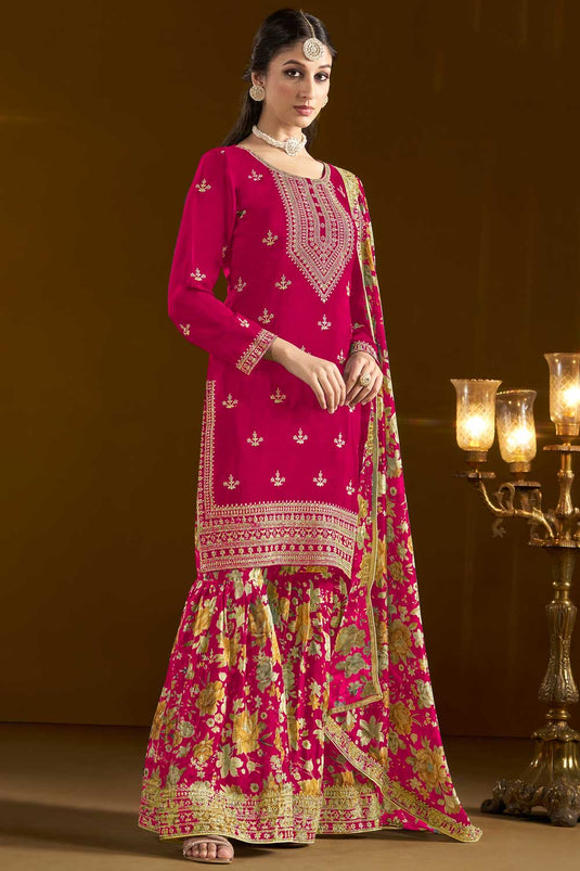 Classic Blue Color Function Style Sharara Suit In Chinon Fabric