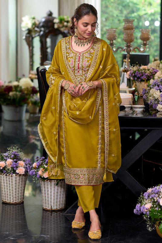 Tempting Chinon Fabric Yellow Color Readymade Salwar Suit