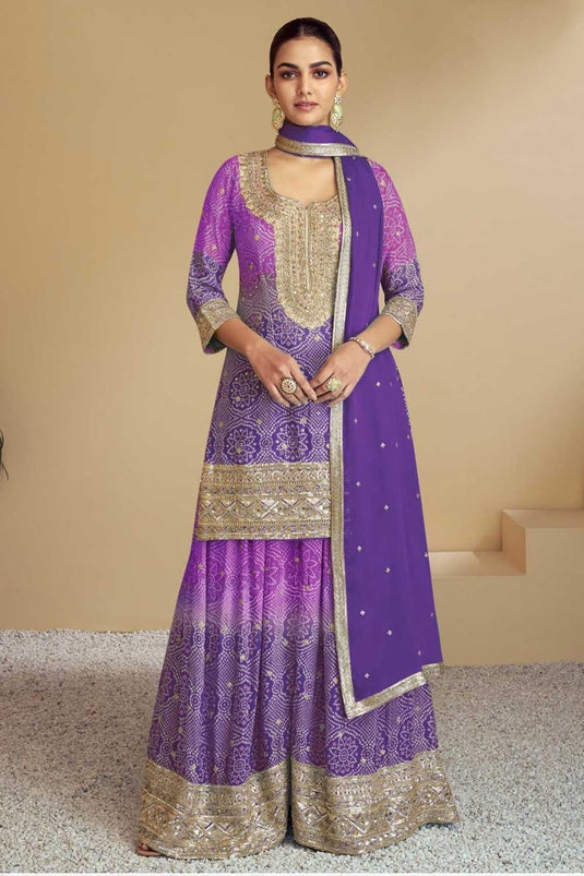 Chinon Fabric Purple Color Bandhani Printed Elegant Palazzo Suit