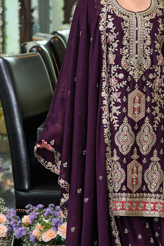 Chinon Fabric Purple Color Attractive Readymade Palazzo Suit