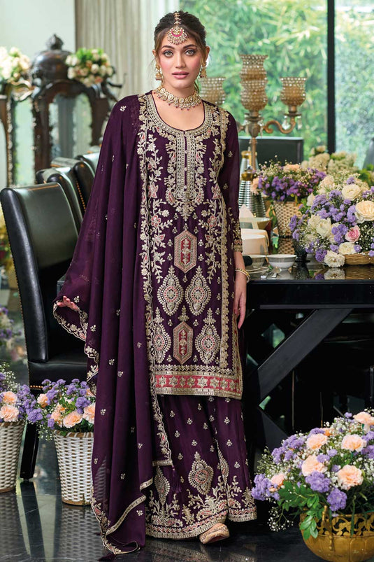 Chinon Fabric Purple Color Attractive Readymade Palazzo Suit