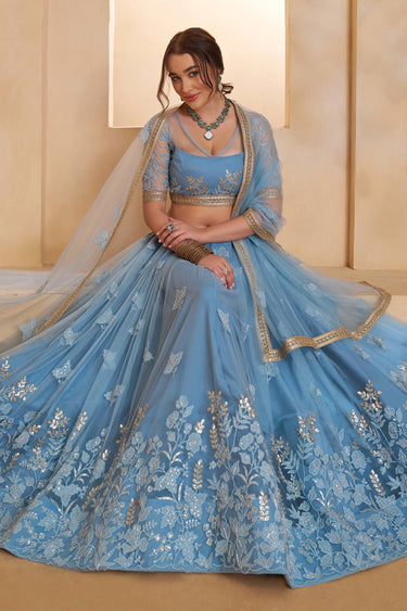 Sky Blue Net Fabric Sequins Work Wedding Wear Lehenga Choli