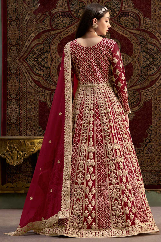 Net Fabric Maroon Color Sangeet Function Elegant Anarkali Suit