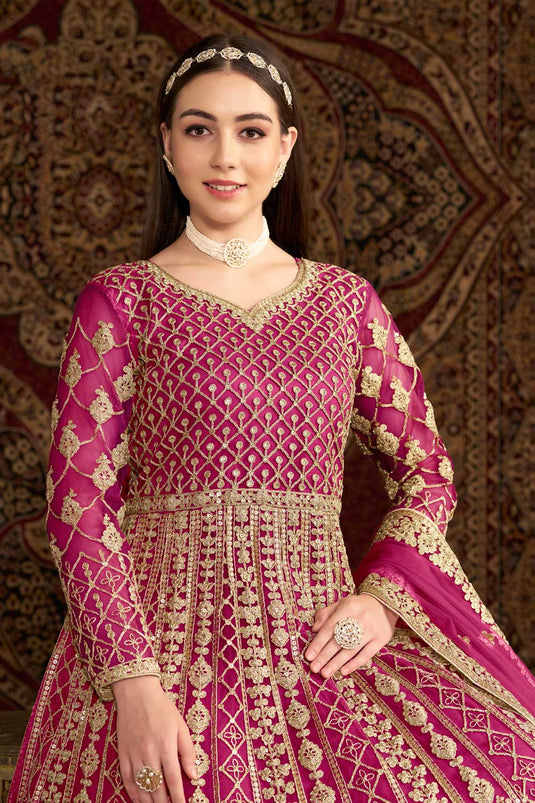 Net Fabric Sangeet Function Lovely Anarkali Suit In Magenta Color