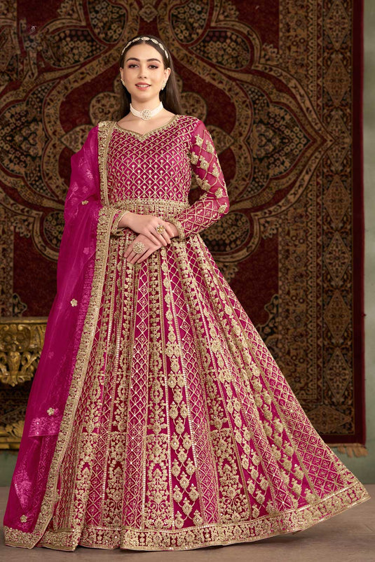 Net Fabric Sangeet Function Lovely Anarkali Suit In Magenta Color