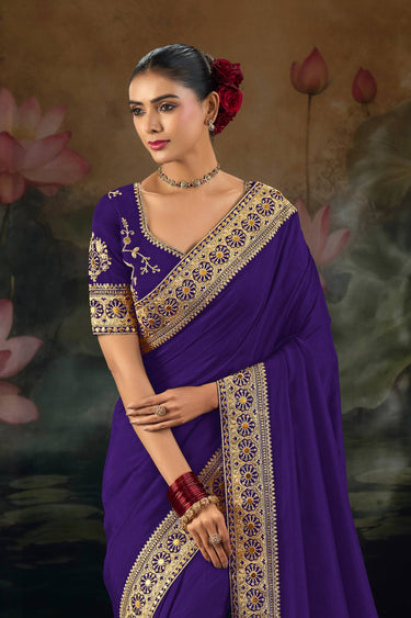 Purple Silk Fabric Embroidered Sangeet Wear Saree