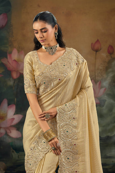 Silk Fabric Embroidered Beige Sangeet Wear Saree