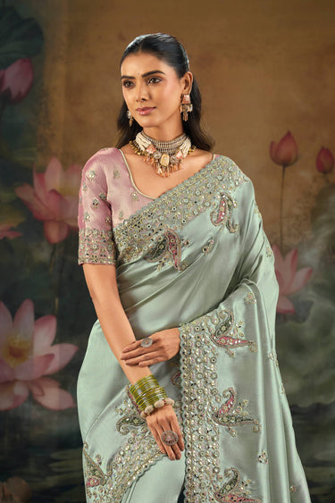 Light Cyan Sangeet Wear Silk Fabric Embroidered Saree