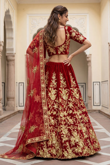 Elegant Red Traditional Bridal Look Designer Velvet Lehenga Choli