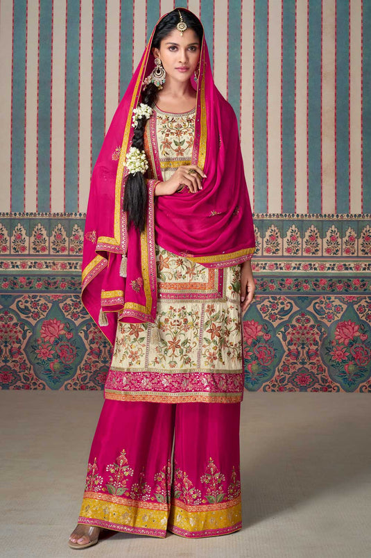 Sushrii Mishraa Engaging Rani Color Art Silk Fabric Palazzo Suit