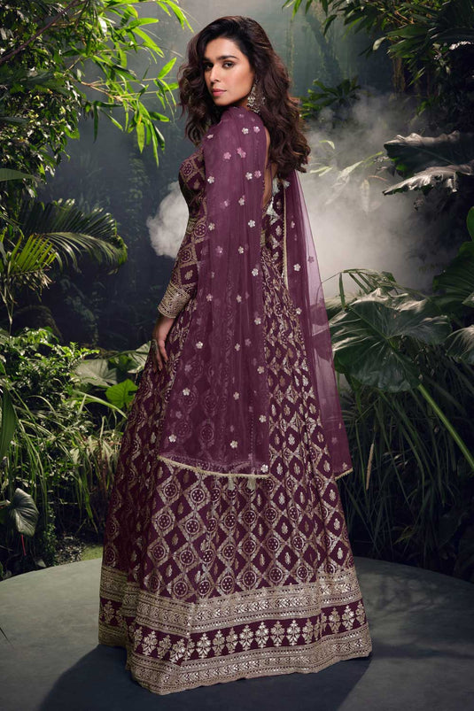 Glamorous Viscose Silk Gown With Dupatta In Wine Color