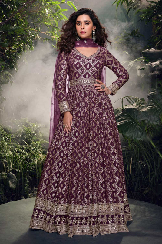 Glamorous Viscose Silk Gown With Dupatta In Wine Color