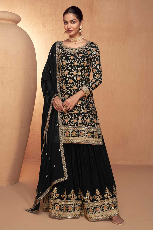 Heavy Chinon Fabric Black Color Palazzo Suit