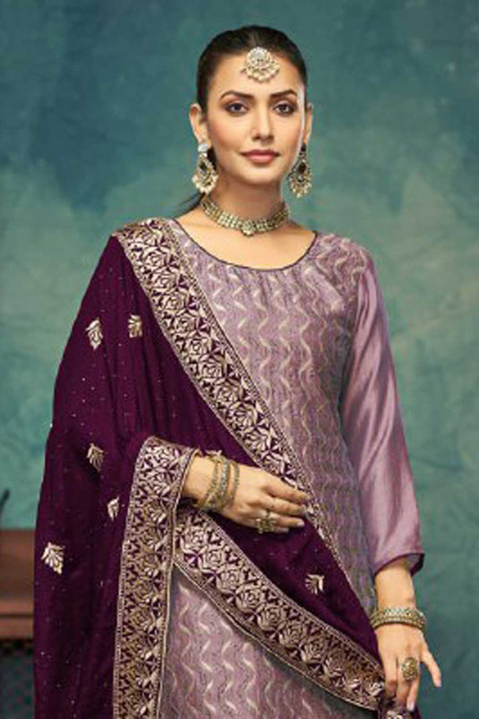 Vichitra Fabric Purple Color Embroidered Elegant Salwar Suit