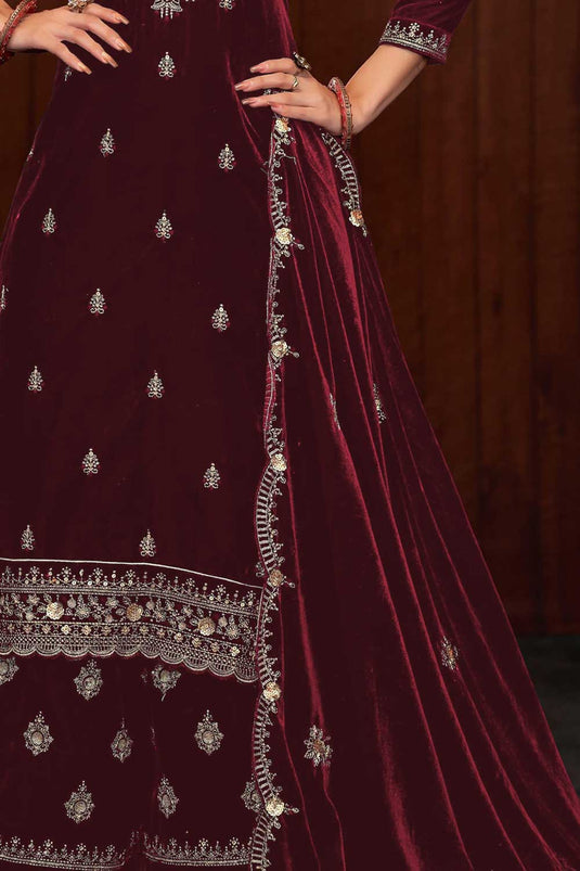 Classic Maroon Color Function Wear Velvet Palazzo Suit