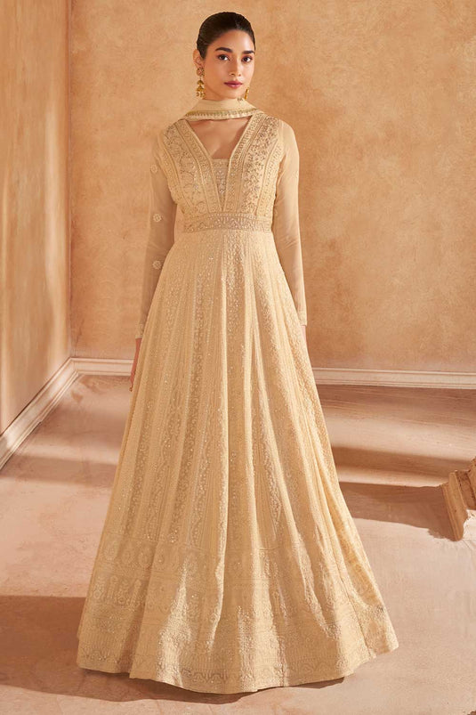 Georgette Fabric Glamorous Gown With Dupatta In Beige Color