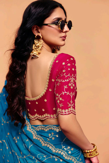 Graceful Tissue Silk Cyan Embroidered Border Work Saree With Unstitched Blouse