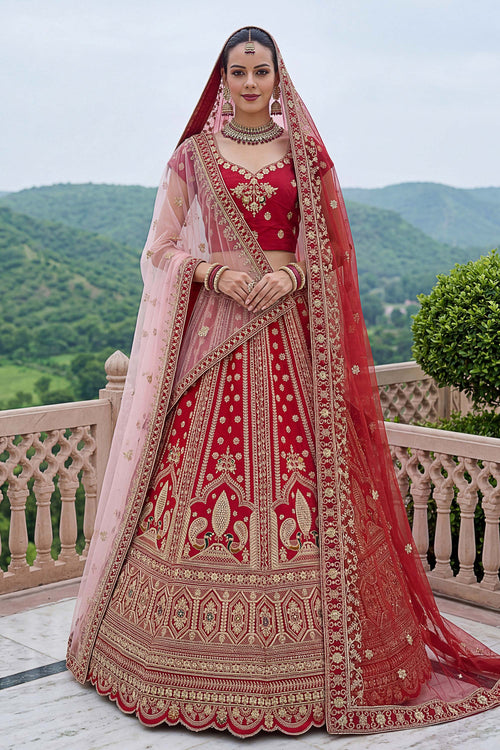 Rich Red Designer Heavy Embroidered Bridal Silk Lehenga Choli