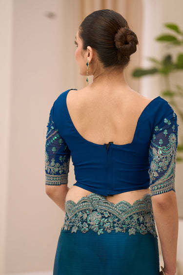 Elegant Teal Chiffon Satin Saree With Border Work