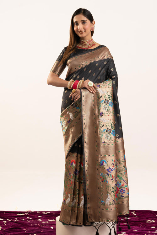 Reach Black Banarasi Silk Zari Weaving Saree For Sangeet Function