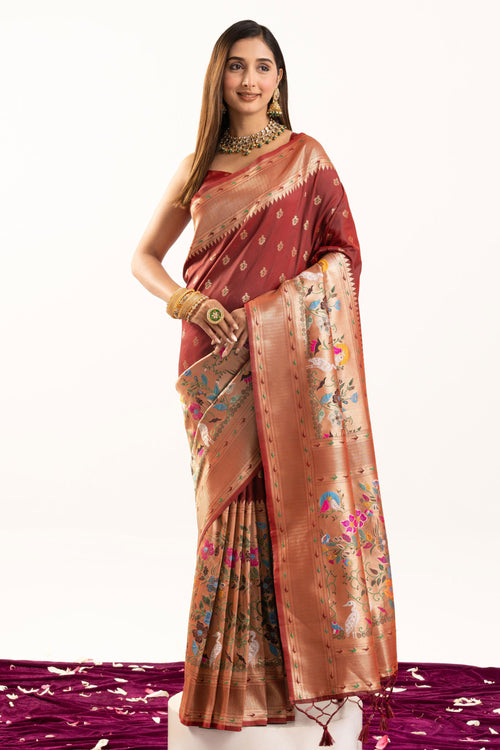 Elegant Maroon Banarasi Silk Zari Work Sangeet Wear Saree With Fancy Blouse Piece