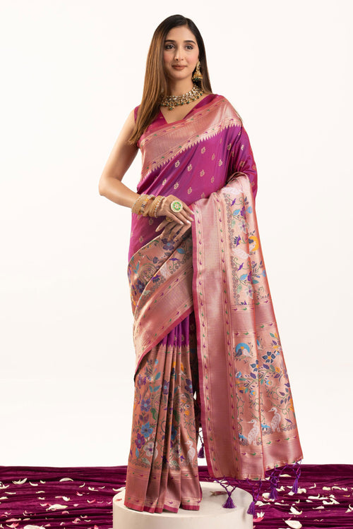 Designer Magenta Banarasi Silk Saree With Rich Zari Weaving Work