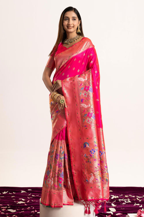 Premium Rani Banarasi Silk Zari Woven Saree With Unstitched Designer Blouse