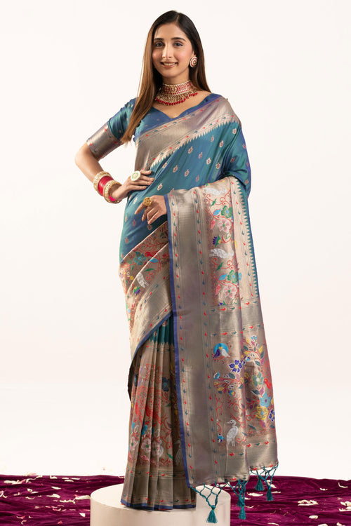 Wedding Special Teal Banarasi Silk Zari Saree For Sangeet Function