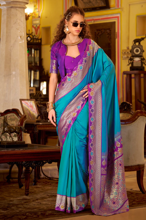 Premium Cyan Art Silk Rich Zari Weaving Border Plain Saree