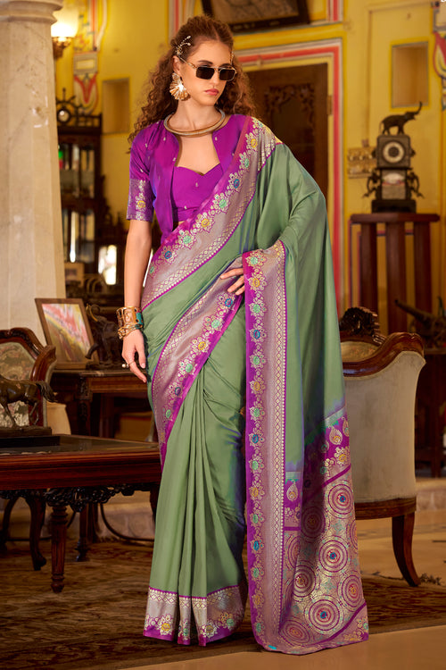 Wedding Special Sea Green Art Silk Classic Zari Work Plain Saree