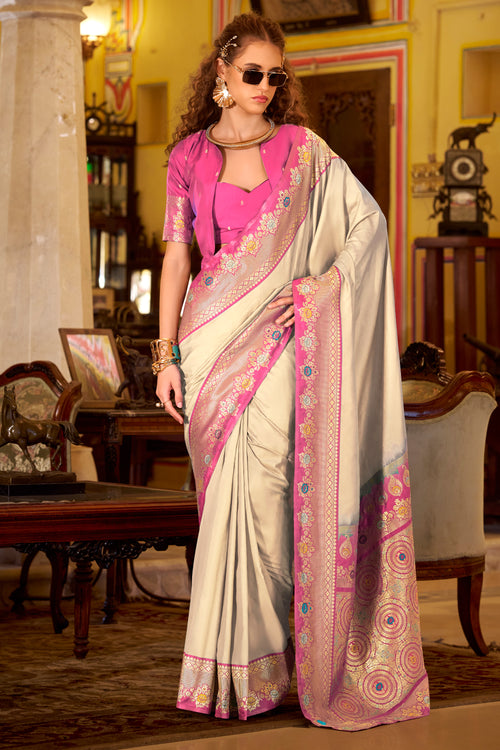 Stylish Beige Traditional Look Zari Weave Art Silk Saree