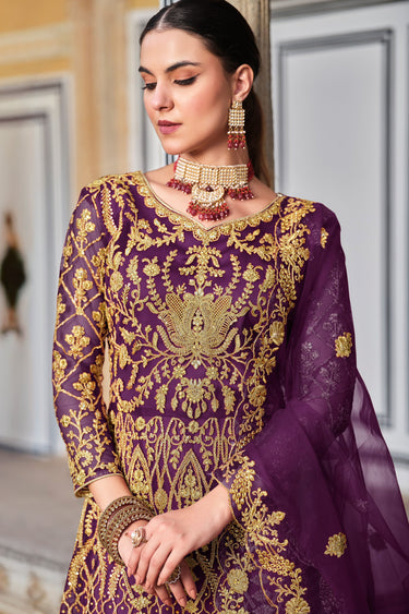 Festive Wear Net Fabric Floor Length Anarkali Suit In Purple Color