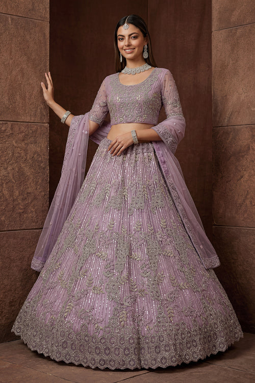 Lavender Embroidered Net Wedding Wear Lehenga Choli