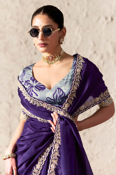 Purple Border Work Tissue Silk Embellished Saree With Designer Blouse